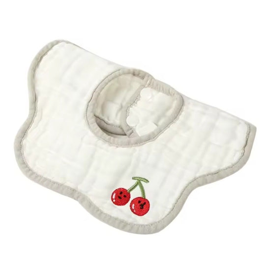 Baveta Tip Floare, din Bumbac, pentru Copii 0-12 Luni, Rezistenta la apa, 8 Straturi, Model Tricotat cu Cirese, 26 x 29 cm, Alb