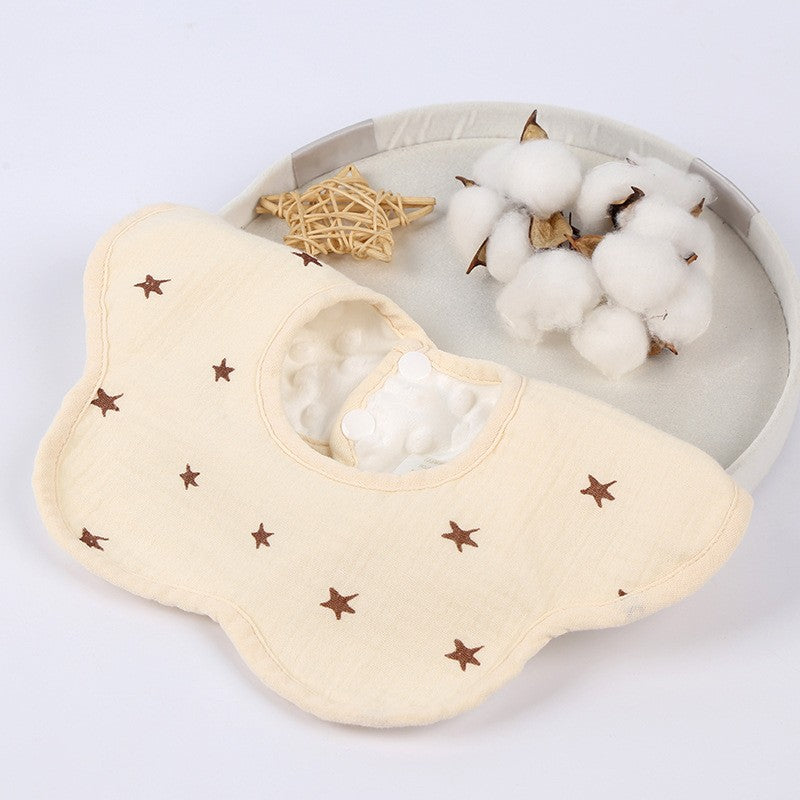 Baveta Tip Floare, din Bumbac, pentru Copii 0-12 Luni, Rezistenta la apa, cu Capse, Model cu Stelute, 26 x 29 cm, Crem