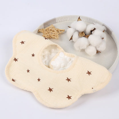 Baveta Tip Floare, din Bumbac, pentru Copii 0-12 Luni, Rezistenta la apa, cu Capse, Model cu Stelute, 26 x 29 cm, Crem