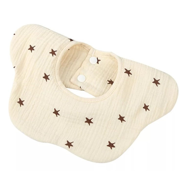 Baveta Tip Floare, din Bumbac, pentru Copii 0-12 Luni, Rezistenta la apa, cu Capse, Model cu Stelute, 26 x 29 cm, Crem