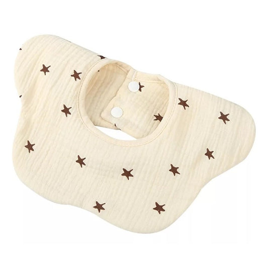 Baveta Tip Floare, din Bumbac, pentru Copii 0-12 Luni, Rezistenta la apa, cu Capse, Model cu Stelute, 26 x 29 cm, Crem
