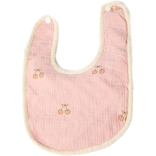 Baveta in Forma de U, din Bumbac, pentru Copii 0-12 Luni, Rezistenta la Apa, cu Capse, Model cu Cirese,  21x30 cm, Roz
