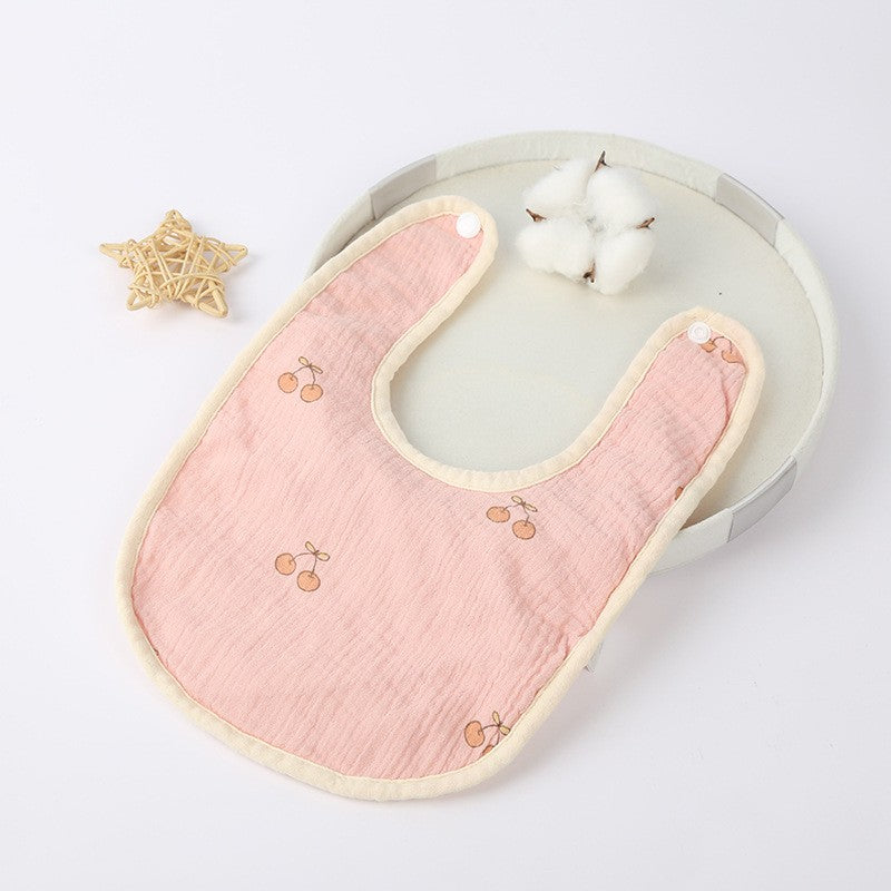 Baveta in Forma de U, din Bumbac, pentru Copii 0-12 Luni, Rezistenta la Apa, cu Capse, Model cu Cirese, 21x30 cm, Roz