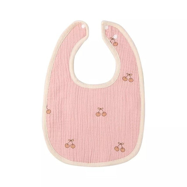 Baveta in Forma de U, din Bumbac, pentru Copii 0-12 Luni, Rezistenta la Apa, cu Capse, Model cu Cirese, 21x30 cm, Roz
