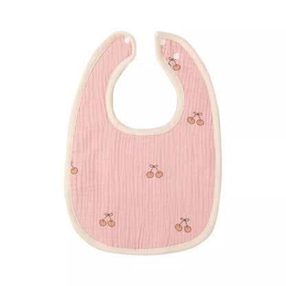 Baveta in Forma de U, din Bumbac, pentru Copii 0-12 Luni, Rezistenta la Apa, cu Capse, Model cu Cirese,  21x30 cm, Roz
