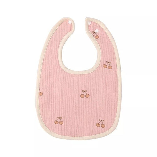 Baveta in Forma de U, din Bumbac, pentru Copii 0-12 Luni, Rezistenta la Apa, cu Capse, Model cu Cirese,  21x30 cm, Roz