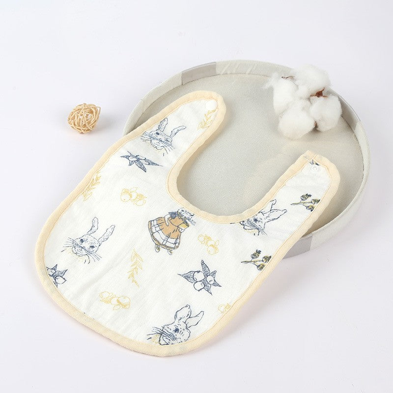 Baveta in Forma de U, din Bumbac, pentru Copii 0-12 Luni, Rezistenta la Apa, cu Capse, Model cu Iepurasi, 21x30 cm, Bej