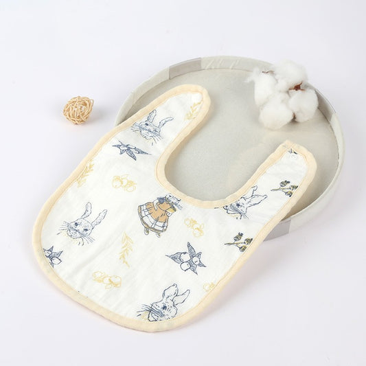 Baveta in Forma de U, din Bumbac, pentru Copii 0-12 Luni, Rezistenta la Apa, cu Capse, Model cu Iepurasi, 21x30 cm, Bej