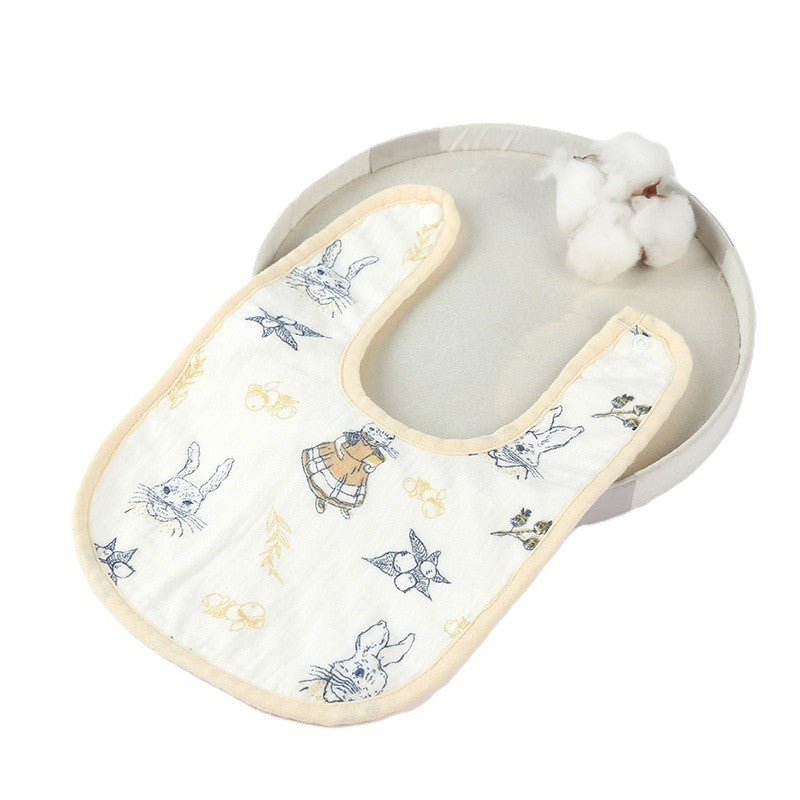 Baveta in Forma de U, din Bumbac, pentru Copii 0-12 Luni, Rezistenta la Apa, cu Capse, Model cu Iepurasi, 21x30 cm, Bej