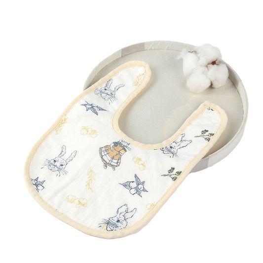 Baveta in Forma de U, din Bumbac, pentru Copii 0-12 Luni, Rezistenta la Apa, cu Capse, Model cu Iepurasi, 21x30 cm, Bej