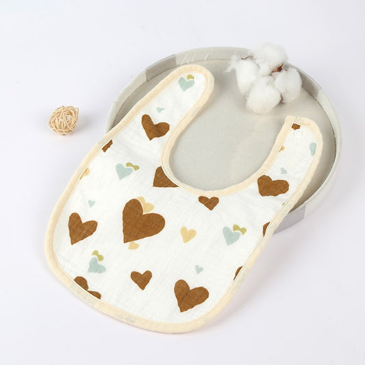 Baveta in Forma de U, din Bumbac, pentru Copii 0-12 Luni, Rezistenta la Apa, cu Capse, Model cu Inimioare,  21x30 cm, Bej