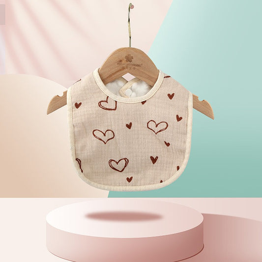 Baveta in Forma de U, din Bumbac, pentru Copii 0-12 Luni, Rezistenta la Apa, cu Capse, Model cu Inimoare,  21x30 cm, Bej