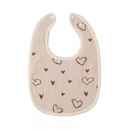 Baveta in Forma de U, din Bumbac, pentru Copii 0-12 Luni, Rezistenta la Apa, cu Capse, Model cu Inimoare,  21x30 cm, Bej