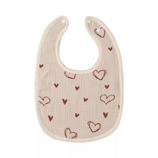 Baveta in Forma de U, din Bumbac, pentru Copii 0-12 Luni, Rezistenta la Apa, cu Capse, Model cu Inimoare,  21x30 cm, Bej
