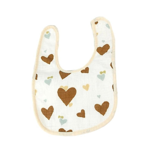 Baveta in Forma de U, din Bumbac, pentru Copii 0-12 Luni, Rezistenta la Apa, cu Capse, Model cu Inimioare,  21x30 cm, Bej