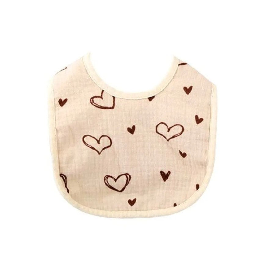 Baveta in Forma de U, din Bumbac, pentru Copii 0-12 Luni, Rezistenta la Apa, cu Capse, Model cu Inimoare, 21x30 cm, Bej