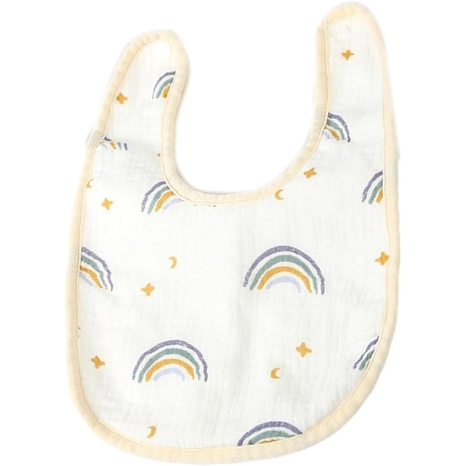 Baveta in Forma de U, din Bumbac, pentru Copii 0-12 Luni, Rezistenta la Apa, cu Capse, Model Curcubeu, 21x30 cm, Bej