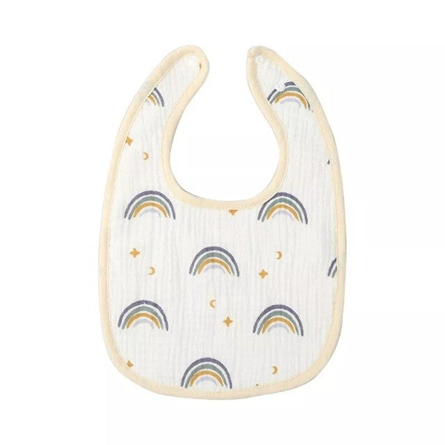 Baveta in Forma de U, din Bumbac, pentru Copii 0-12 Luni, Rezistenta la Apa, cu Capse, Model Curcubeu, 21x30 cm, Bej