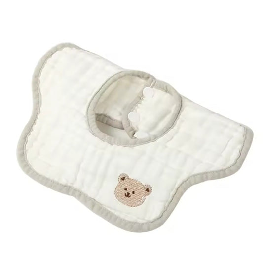 Baveta Tip Floare, din Bumbac, pentru Copii 0-12 Luni, Rezistenta la apa, 8 Straturi, Model Tricotat cu Ursulet, 26 x 29 cm, Alb