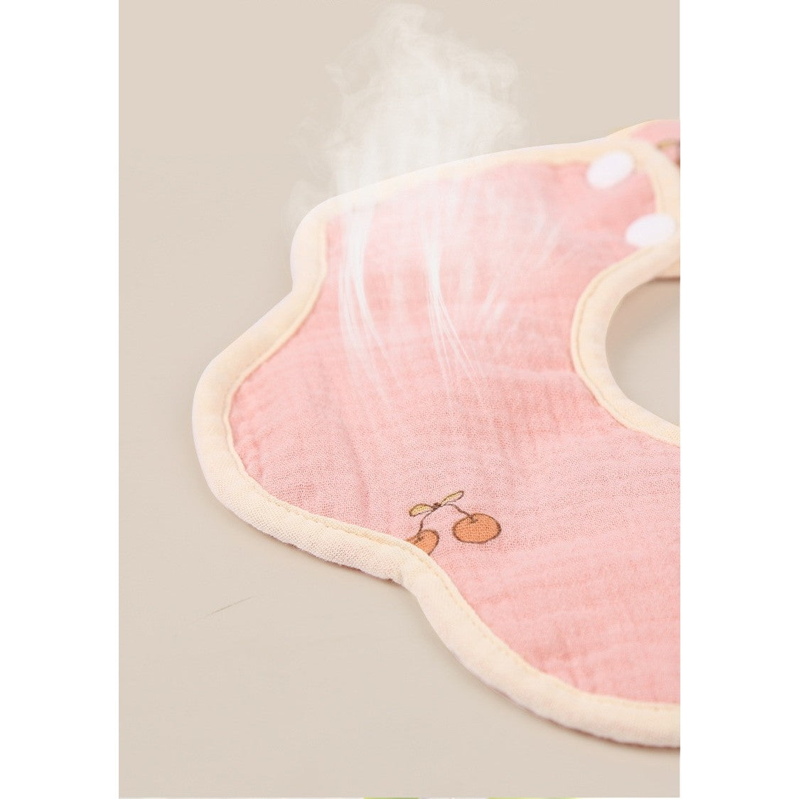 Baveta Tip Floare, din Bumbac, pentru Copii 0-12 Luni, Rezistenta la apa, cu Capse, Model cu Cirese, 26 x 29 cm, Roz