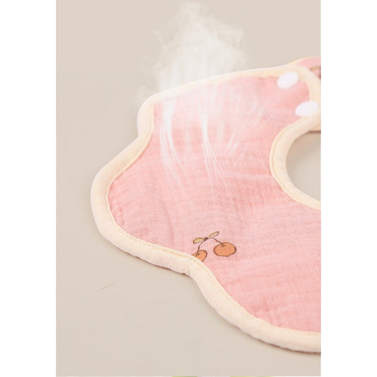 Baveta Tip Floare, din Bumbac, pentru Copii 0-12 Luni, Rezistenta la apa, cu Capse, Model cu Cirese, 26 x 29 cm, Roz