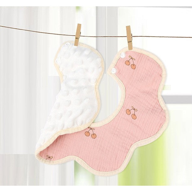 Baveta Tip Floare, din Bumbac, pentru Copii 0-12 Luni, Rezistenta la apa, cu Capse, Model cu Cirese, 26 x 29 cm, Roz