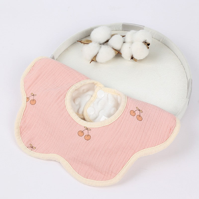 Baveta Tip Floare, din Bumbac, pentru Copii 0-12 Luni, Rezistenta la apa, cu Capse, Model cu Cirese, 26 x 29 cm, Roz