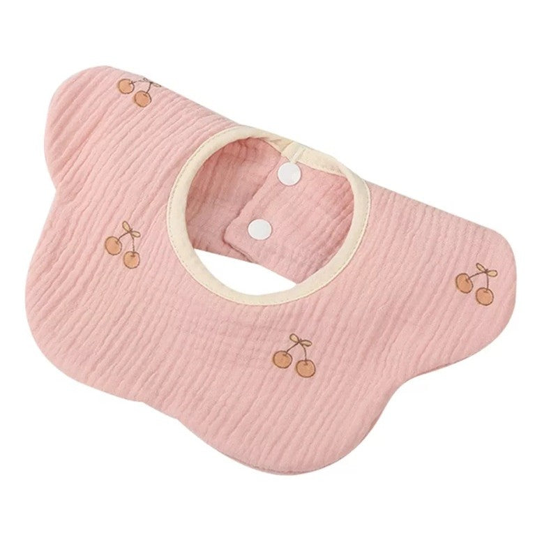 Baveta Tip Floare, din Bumbac, pentru Copii 0-12 Luni, Rezistenta la apa, cu Capse, Model cu Cirese, 26 x 29 cm, Roz