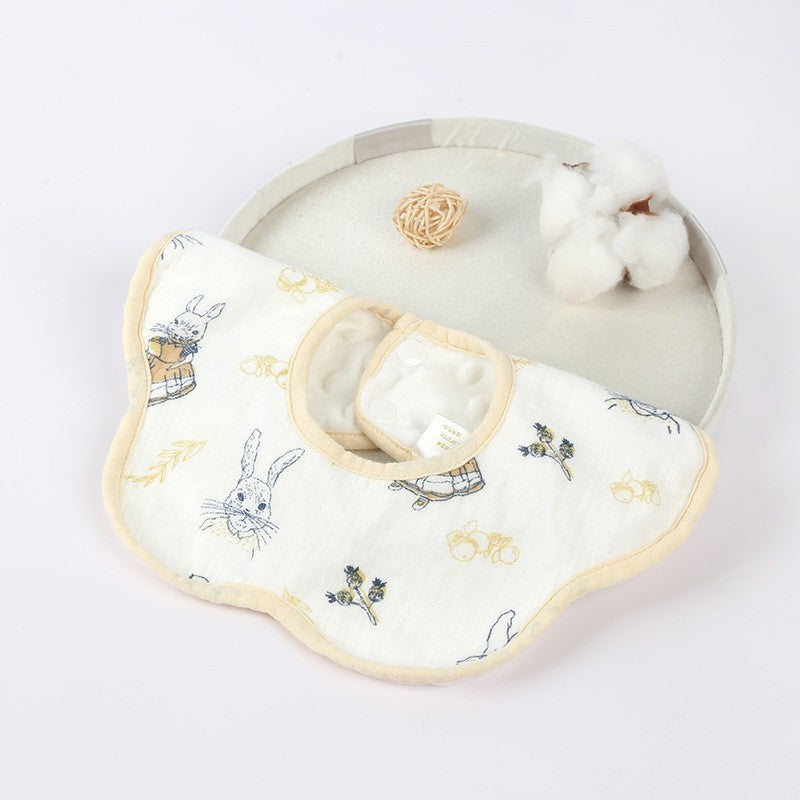 Baveta Tip Floare, din Bumbac, pentru Copii 0-12 Luni, Rezistenta la apa, cu Capse, Model cu Iepurasi, 26 x 29 cm, Alb