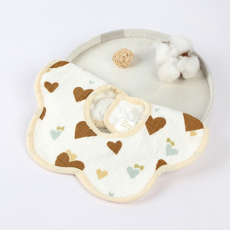 Baveta Tip Floare, din Bumbac, pentru Copii 0-12 Luni, Rezistenta la apa, cu Capse, Model cu Inimioare, 26 x 29 cm, Maro