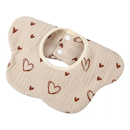 Baveta Tip Floare, din Bumbac, pentru Copii 0-12 Luni, Rezistenta la apa, cu Capse, Model cu Inimioare, 26 x 29 cm, Crem