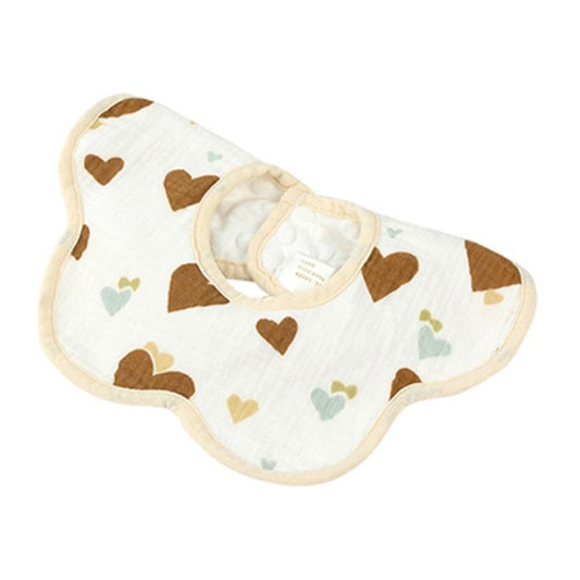 Baveta Tip Floare, din Bumbac, pentru Copii 0-12 Luni, Rezistenta la apa, cu Capse, Model cu Inimioare, 26 x 29 cm, Maro