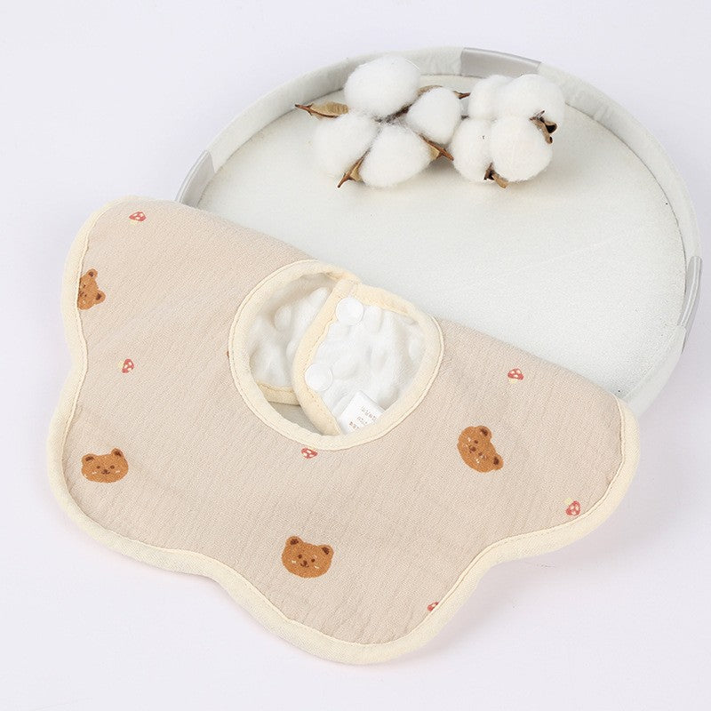 Baveta Tip Floare, din Bumbac, pentru Copii 0-12 Luni, Rezistenta la apa, cu Capse, Model cu Ursuleti, 26 x 29 cm, Crem