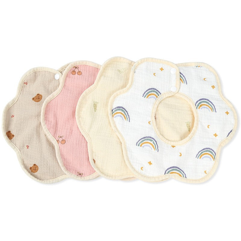 Baveta Tip Floare, din Bumbac, pentru Copii 0-12 Luni, Rezistenta la apa, cu Capse, Model cu Ursuleti, 26 x 29 cm, Crem