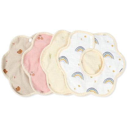 Baveta Tip Floare, din Bumbac, pentru Copii 0-12 Luni, Rezistenta la apa, cu Capse, Model cu Ursuleti, 26 x 29 cm, Crem