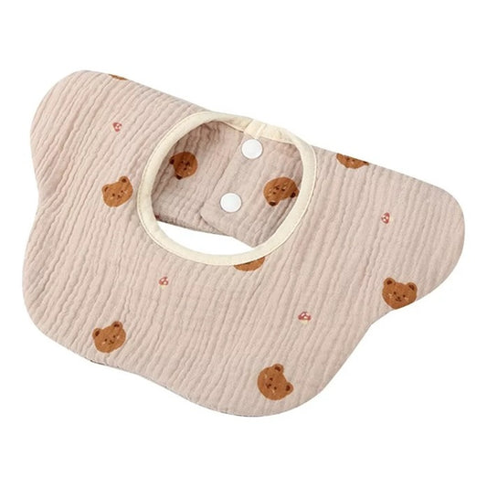 Baveta Tip Floare, din Bumbac, pentru Copii 0-12 Luni, Rezistenta la apa, cu Capse, Model cu Ursuleti, 26 x 29 cm, Crem