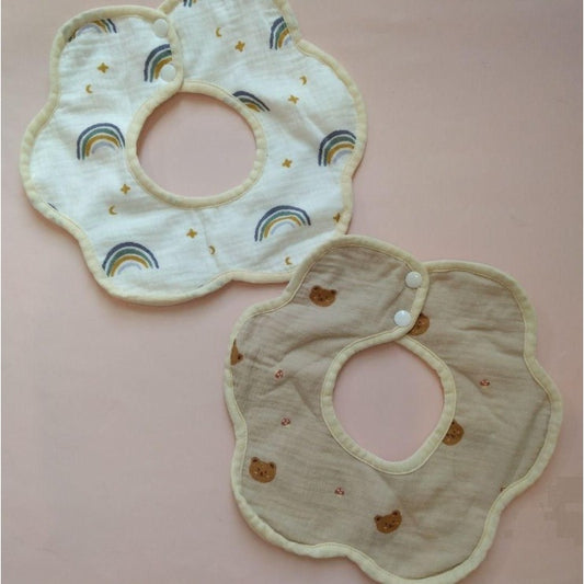 Baveta Tip Floare, din Bumbac, pentru Copii 0-12 Luni, Rezistenta la apa, cu Capse, Model Curcubeu, 26 x 29 cm, Alb