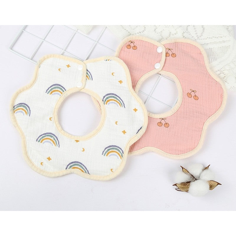 Baveta Tip Floare, din Bumbac, pentru Copii 0-12 Luni, Rezistenta la apa, cu Capse, Model Curcubeu, 26 x 29 cm, Alb
