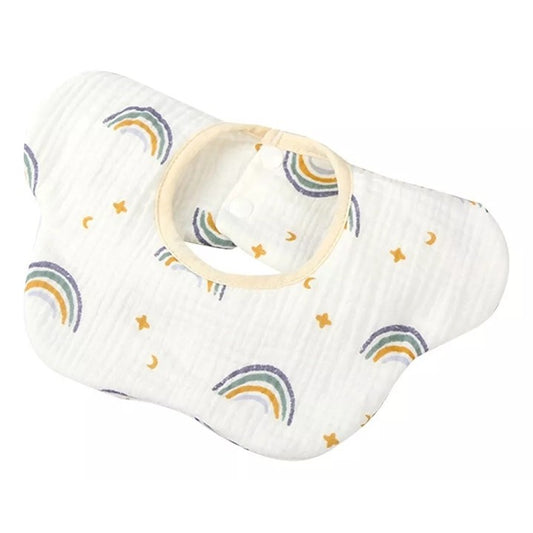Baveta Tip Floare, din Bumbac, pentru Copii 0-12 Luni, Rezistenta la apa, cu Capse, Model Curcubeu, 26 x 29 cm, Alb
