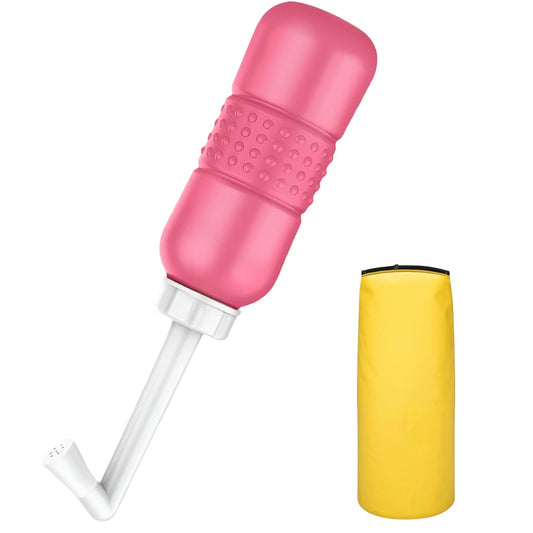 Bideu Portabil pentru Igiena Intima, pentru Postpartum/ Postoperator, 450 mL, cu Capac si Husa Galbena, 29.5x7 cm, Culoare Recipient Roz