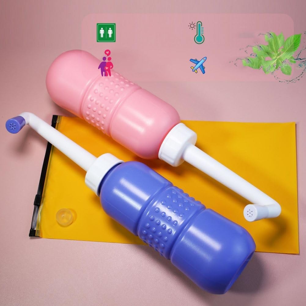 Bideu Portabil pentru Igiena Intima, pentru Postpartum/ Postoperator, 450 mL, cu Capac si Husa Galbena, 29.5x7 cm, Culoare Recipient Roz