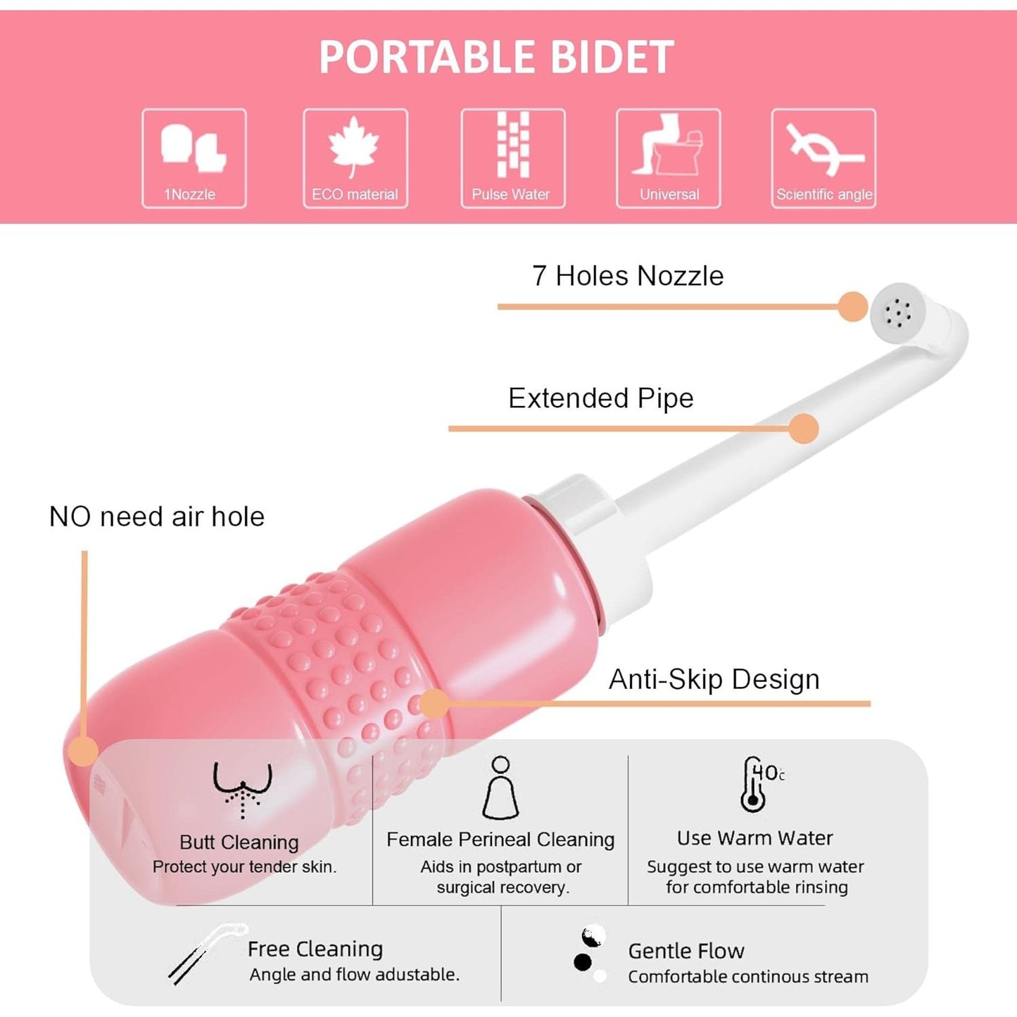 Bideu Portabil pentru Igiena Intima, pentru Postpartum/ Postoperator, 450 mL, cu Capac si Husa Galbena, 29.5x7 cm, Culoare Recipient Roz