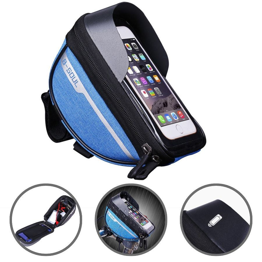 Borseta bicicleta impermeabila cu husa pentru telefon, montare pe ghidon, compatibila cu telefoane de pana la 16 cm, spatiu depozitare, 18.5x9.5 cm, albastru