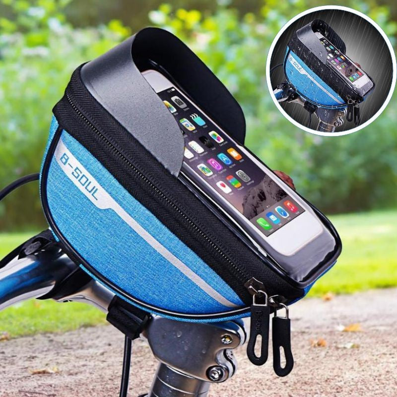 Borseta bicicleta impermeabila cu husa pentru telefon, montare pe ghidon, compatibila cu telefoane de pana la 16 cm, spatiu depozitare, 18.5x9.5 cm, albastru