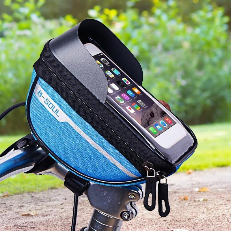 Borseta bicicleta impermeabila cu husa pentru telefon, montare pe ghidon, compatibila cu telefoane de pana la 16 cm, spatiu depozitare, 18.5x9.5 cm, albastru
