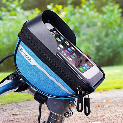 Borseta bicicleta impermeabila cu husa pentru telefon, montare pe ghidon, compatibila cu telefoane de pana la 16 cm, spatiu depozitare, 18.5x9.5 cm, albastru