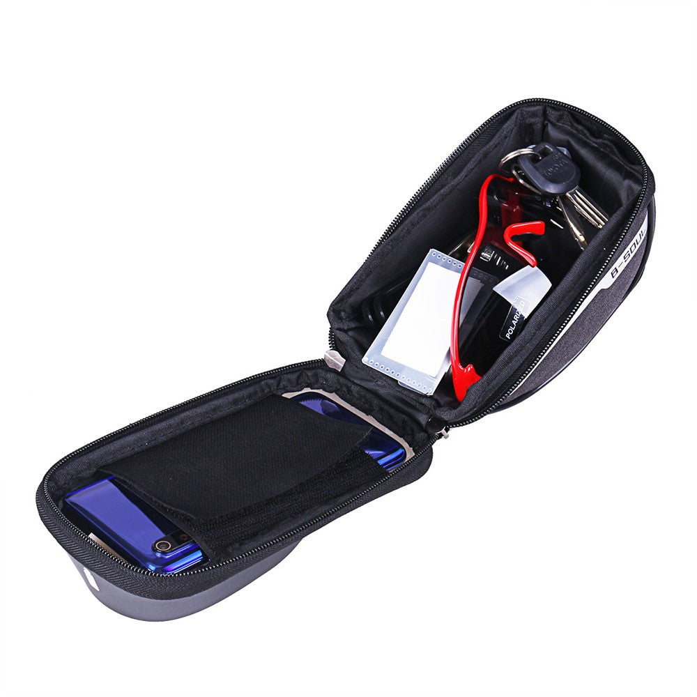 Borseta bicicleta impermeabila cu husa pentru telefon, montare pe ghidon, compatibila cu telefoane de pana la 16 cm, spatiu depozitare, 18.5x9.5 cm, albastru