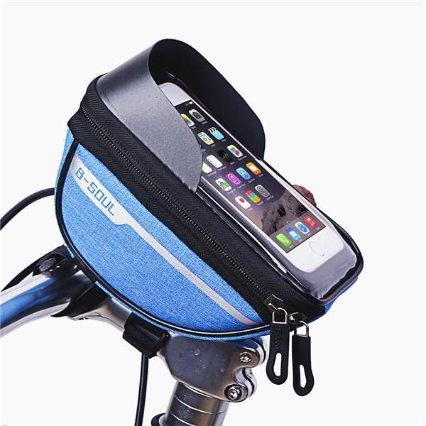 Borseta bicicleta impermeabila cu husa pentru telefon, montare pe ghidon, compatibila cu telefoane de pana la 16 cm, spatiu depozitare, 18.5x9.5 cm, albastru