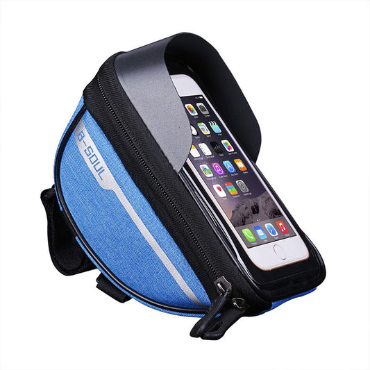 Borseta bicicleta impermeabila cu husa pentru telefon, montare pe ghidon, compatibila cu telefoane de pana la 16 cm, spatiu depozitare, 18.5x9.5 cm, albastru