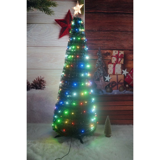 Brad artificial Pop-Up, cu instalatie integrata, Lumini RGB, Suport inclus, Stea luminata, 304 Led, 180 cm, Material PVC, Verde